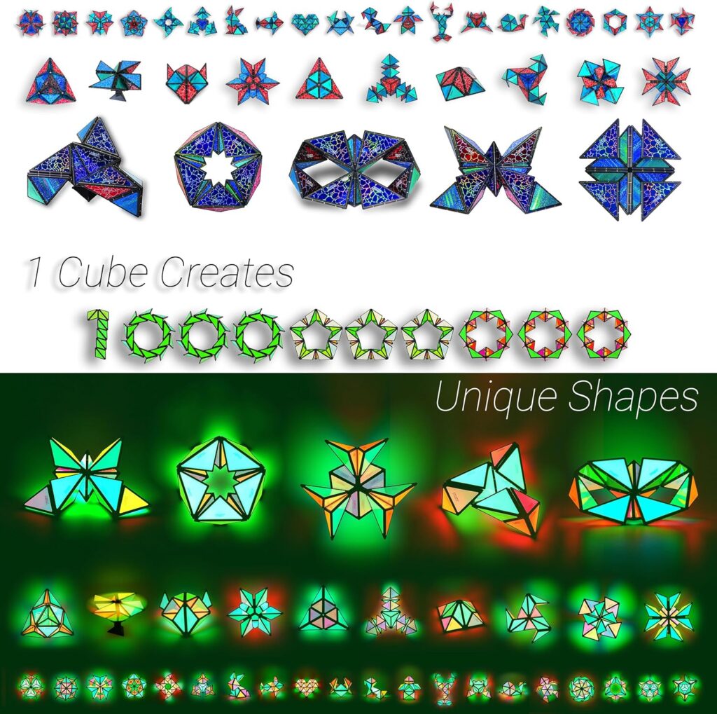 Фигуры, созданные из деталей TOSY Magnet Pyramid Glow. Демонстрация совместимости наборов и неограниченных возможностей трансформации